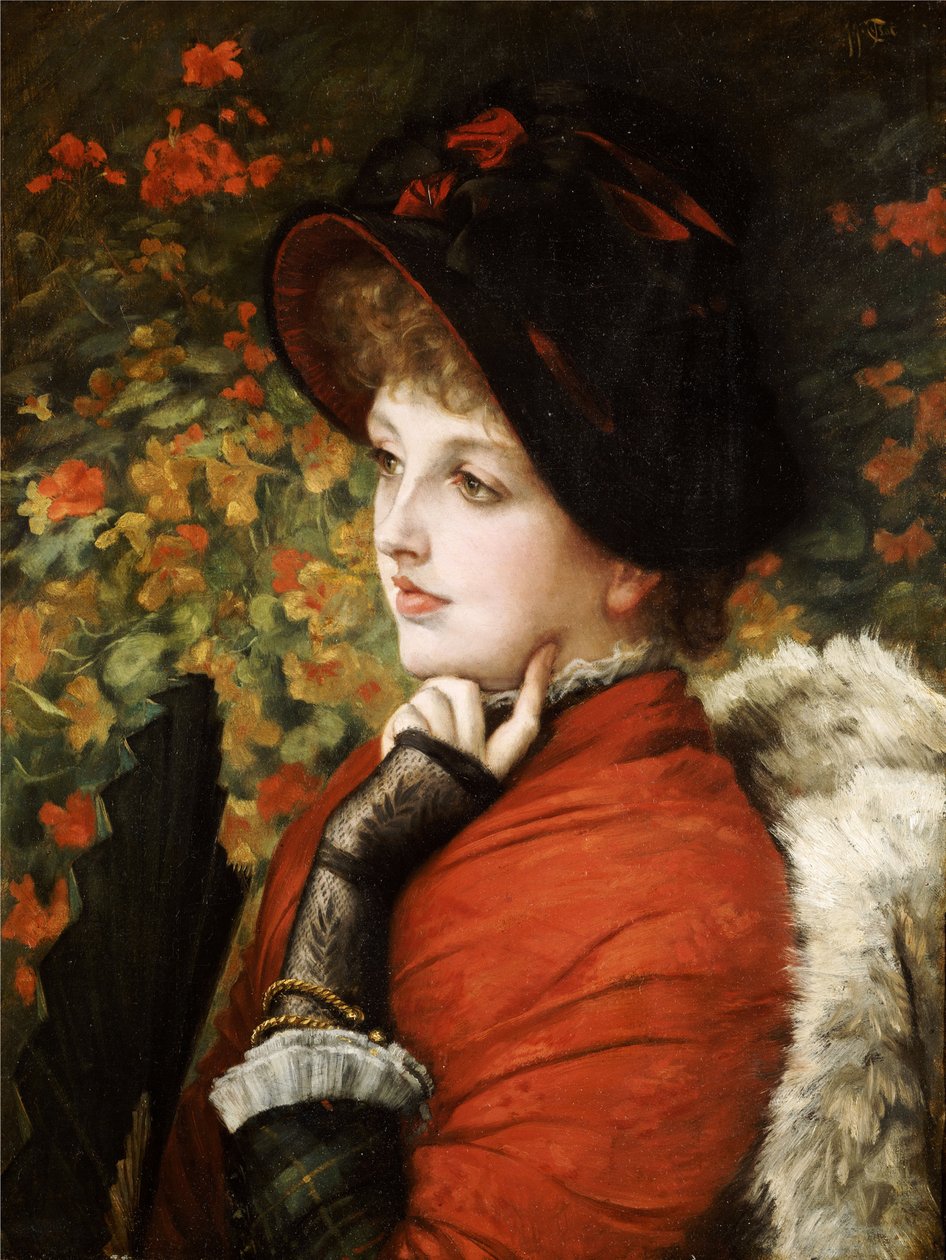 Skjønnhetstype: Portrett av fru Kathleen Newton i rød kjole og svart panser, 1880 av James Jacques Joseph Tissot