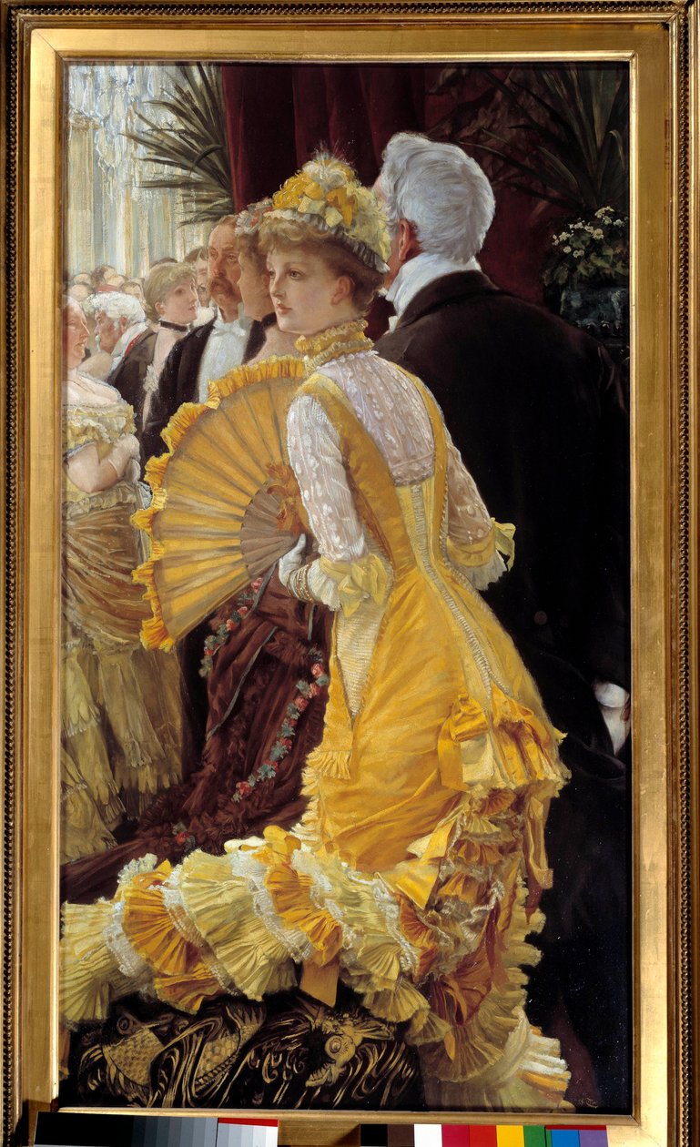 Gul kjole: elegant par under en sosial kveld Maleri av Jacques Joseph (Jacques-Joseph) Tissot dit James Tissot (1836-1902) 1878 Søn. 0,9x0,5 m Paris, musee d