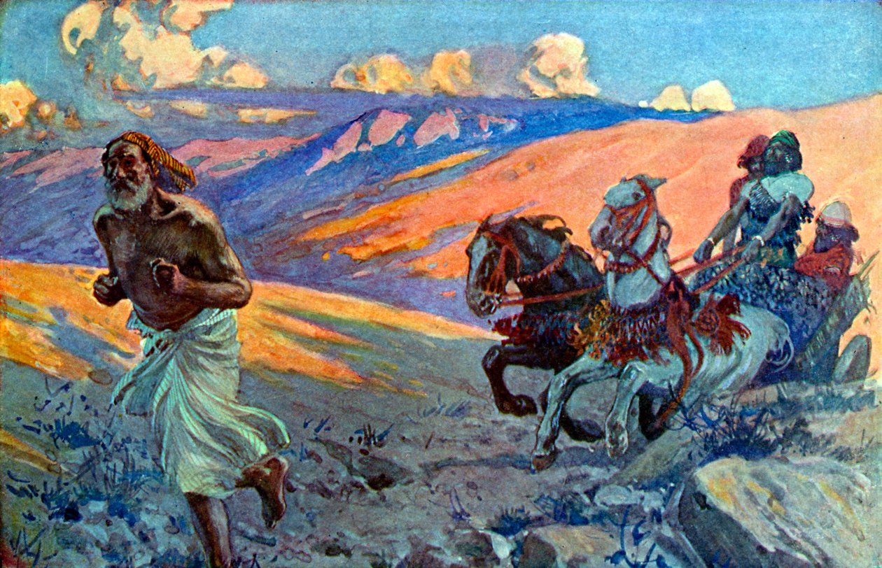 Elia løper foran Akabs vogn - Bibelen av James Jacques Joseph after Tissot