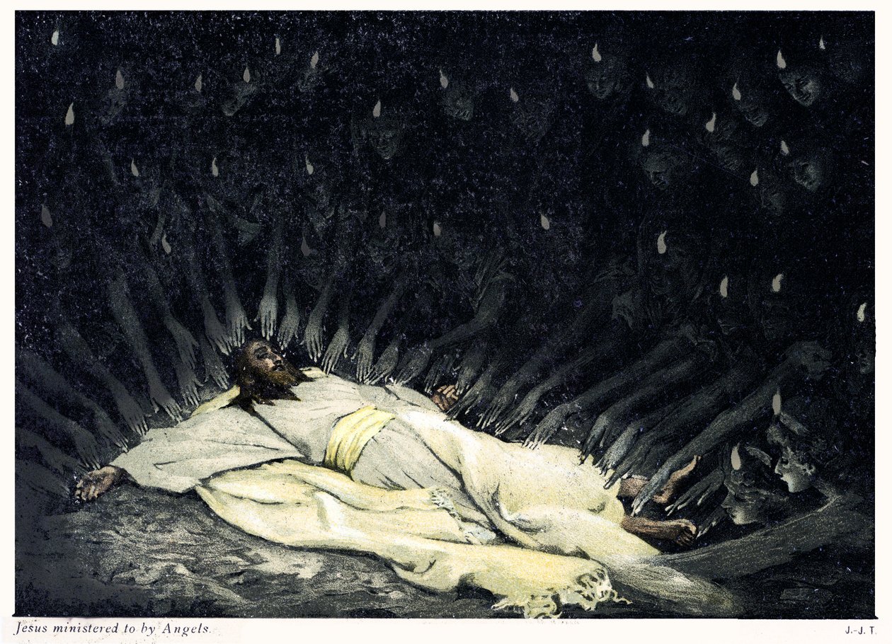 Jesus betjent av engler - Bibelen av James Jacques Joseph after Tissot