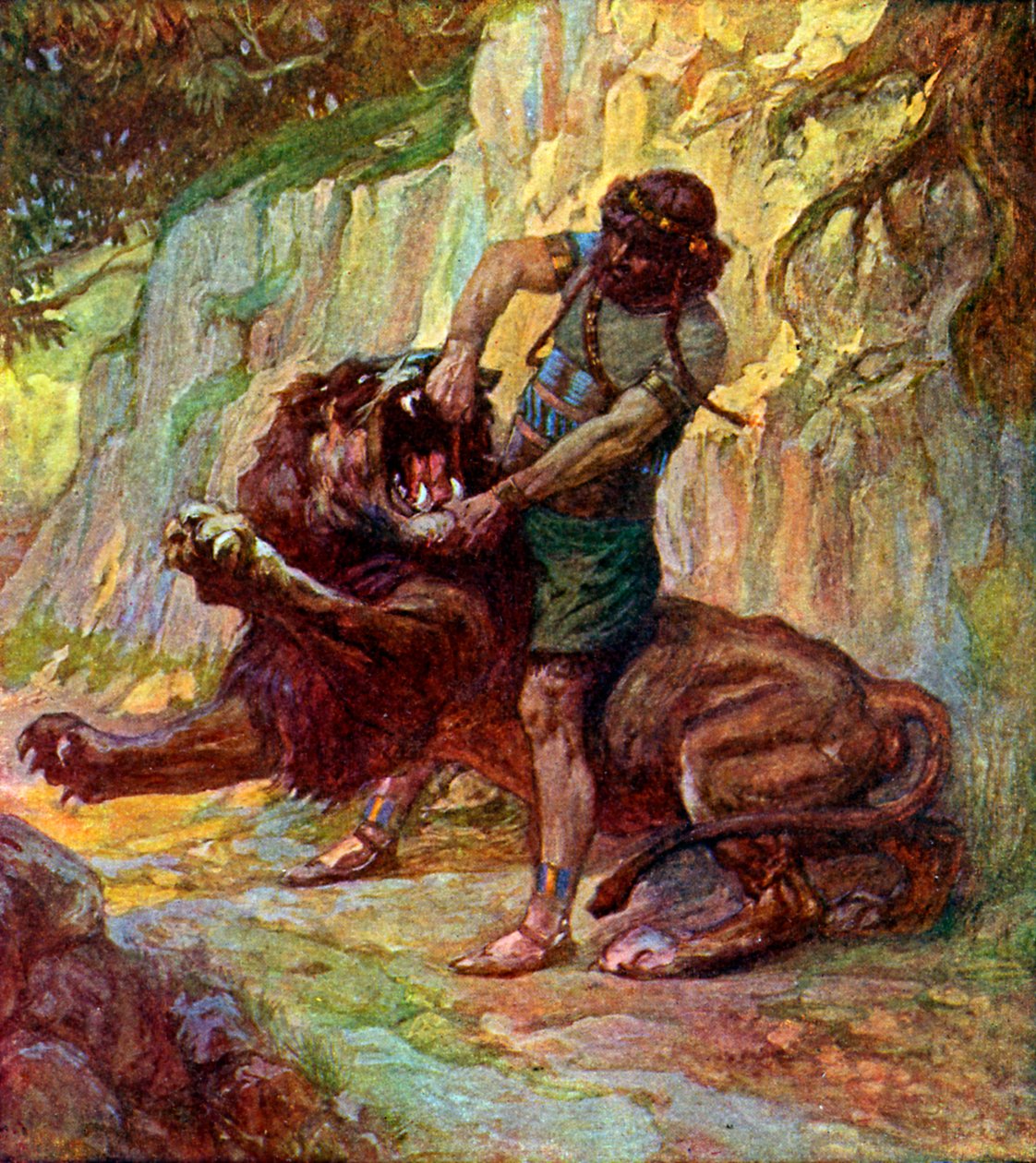 Samson dreper en løve av J James Tissot - Bibelen av James Jacques Joseph after Tissot