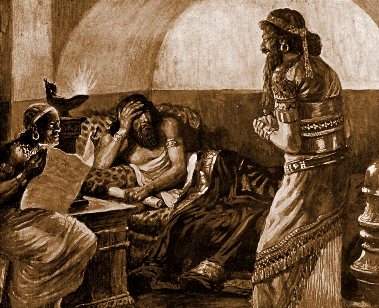 Krønikene leses for Ahasverus - Bibelen av James Jacques Joseph after Tissot