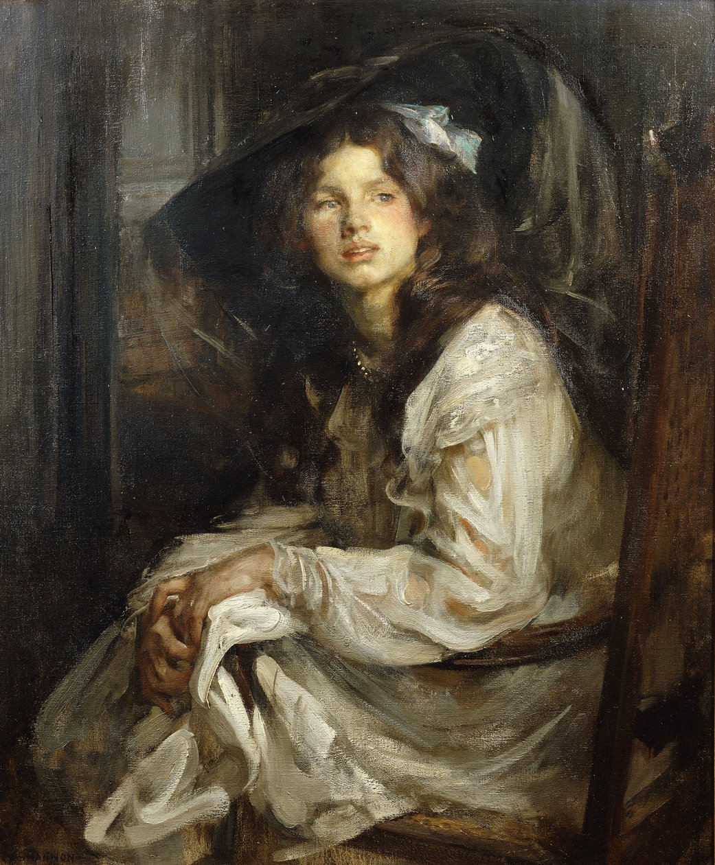 Jente sitter i en stol, av James Jebusa Shannon