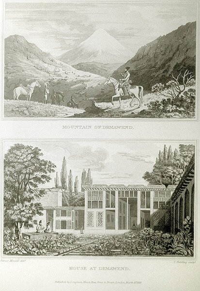 Fjell og hus ved Demavend, 1818 av James Justinian Morier
