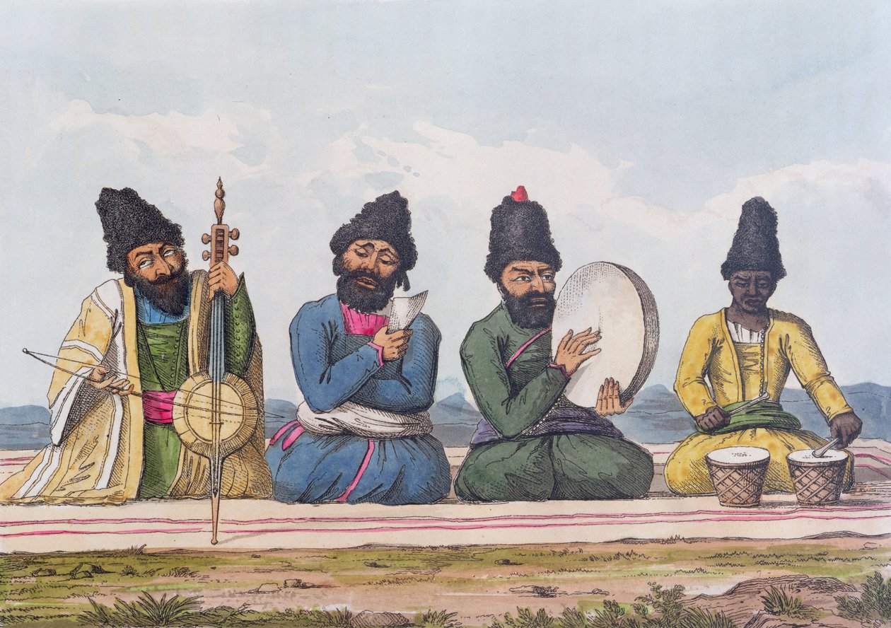Persiske musikere fra A Second Journey through Persia 1810-16, gravert av Theodore H.A. Fielding (1781-1851), 1818 av James Justinian Morier