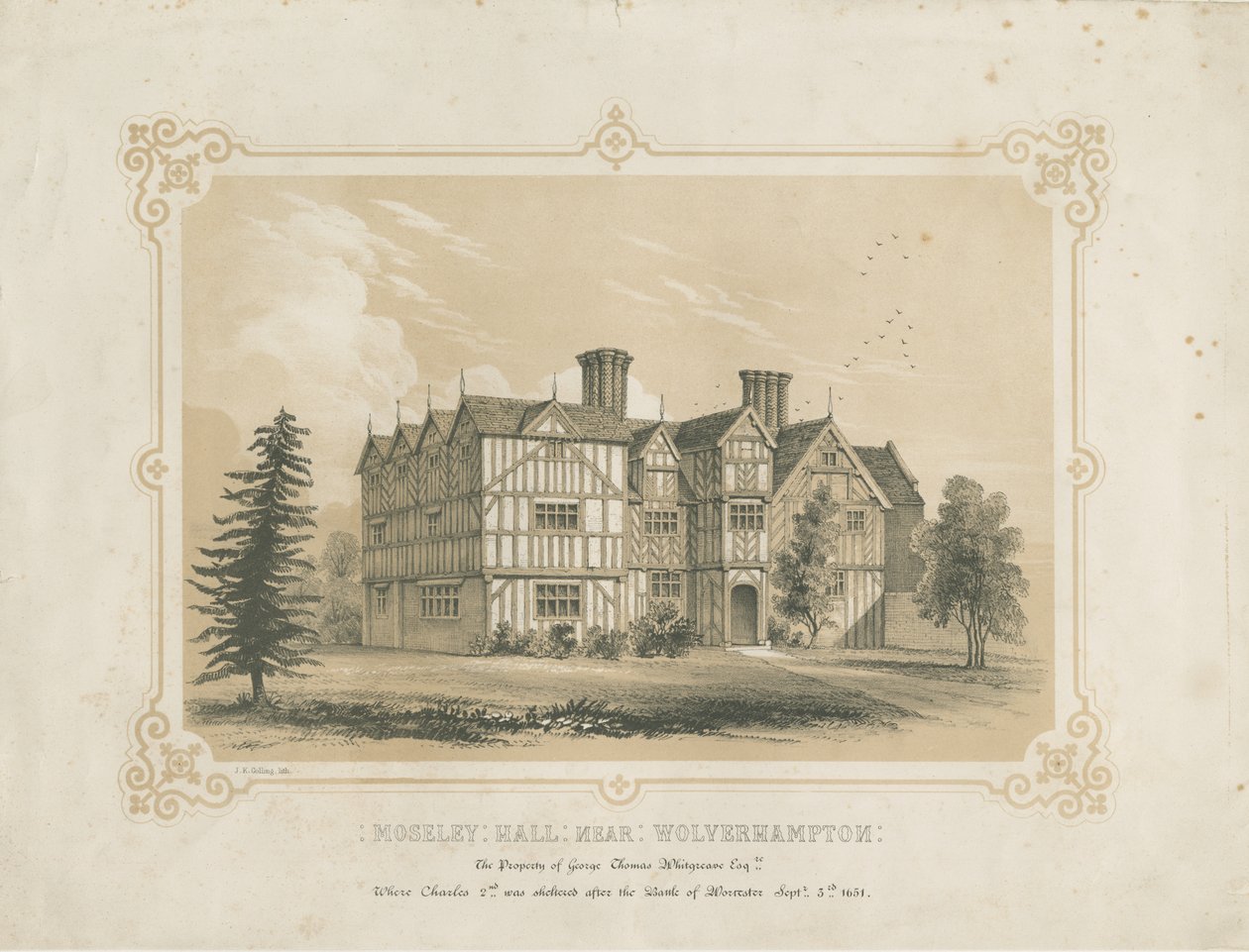 Bushbury - Moseley Old Hall: litografi og [?1700-tallet] av James Kellaway Colling