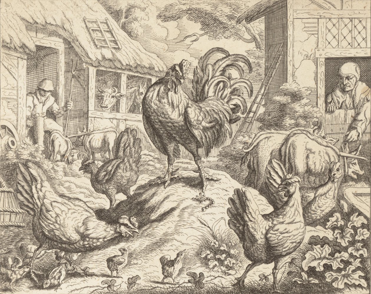 Hanen og edelstenen, fra Aesops fabler, ca. 1760. av James Kirk