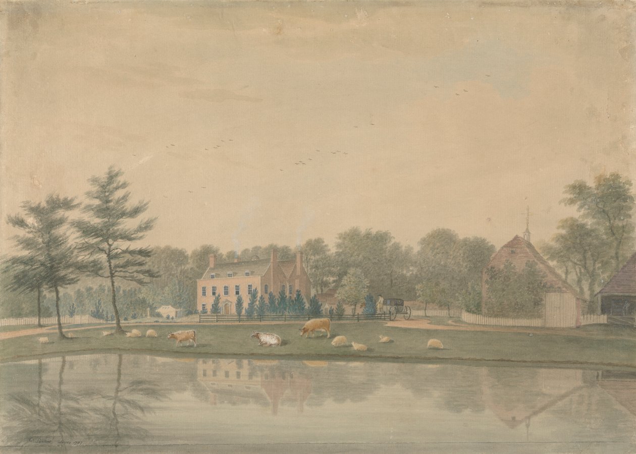 Nordøst utsikt over et hus ved Ringmer med storfe og sauer ved en dam av James Lambert  of Lewes