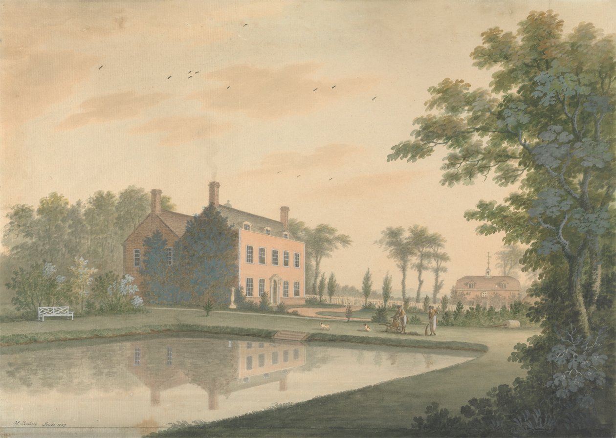 Sørutsikt over et hus ved Ringmer med gartnere på jobb av James Lambert  of Lewes