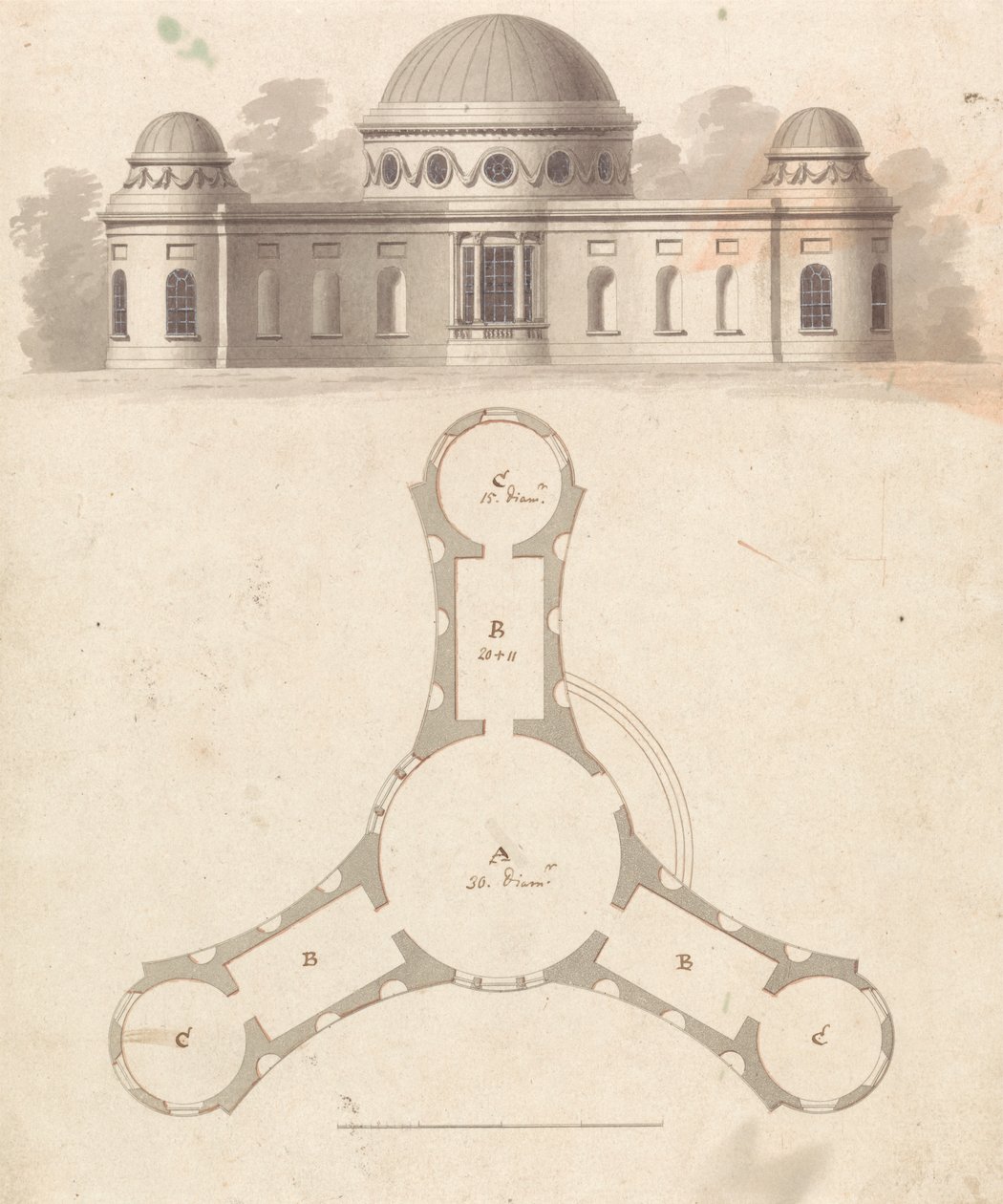 Tidlig tilstand, med revisjoner, av Design 23, Plate 25 av A Collection of Designs for Rural Retreats av James Malton