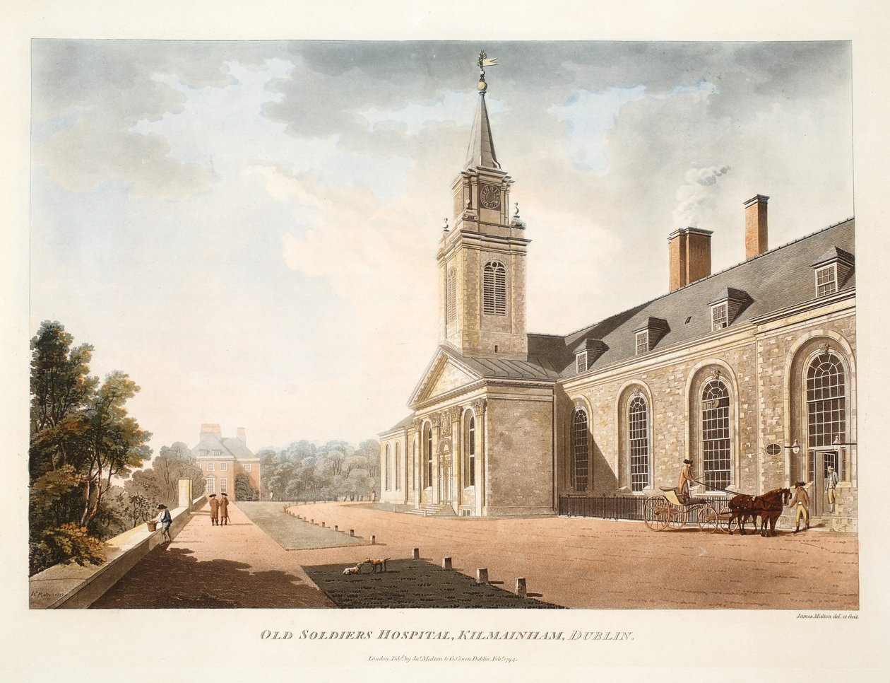 Old Soldiers Hospital, Kilmainham, Dublin, 1794 (håndfarget gravering) av James Malton