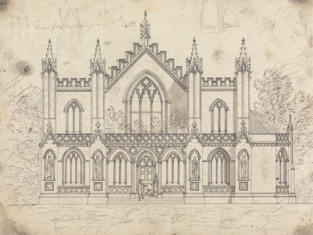 Forberedende tegning for Design 14, Plate 11 for A Collection of Designs for Rural Retreats av James Malton