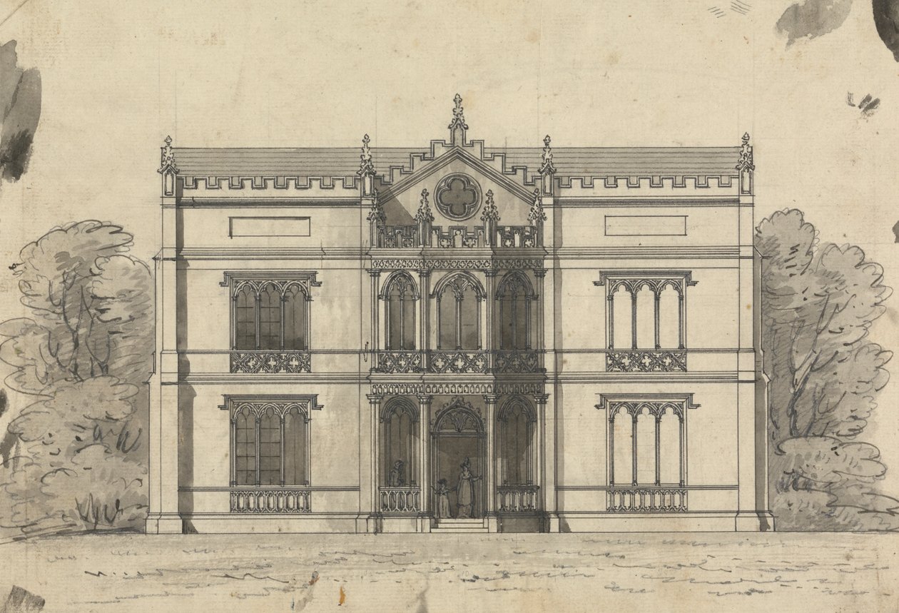 Forberedende tegning for design 21, plate 19 av A Collection of Designs for Rural Retreats av James Malton