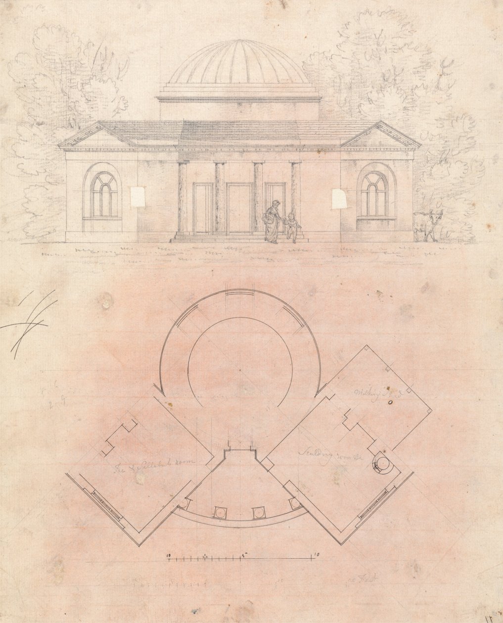 Forberedende tegning for design 24, plate 27 av en samling av design for landlige retreater av James Malton