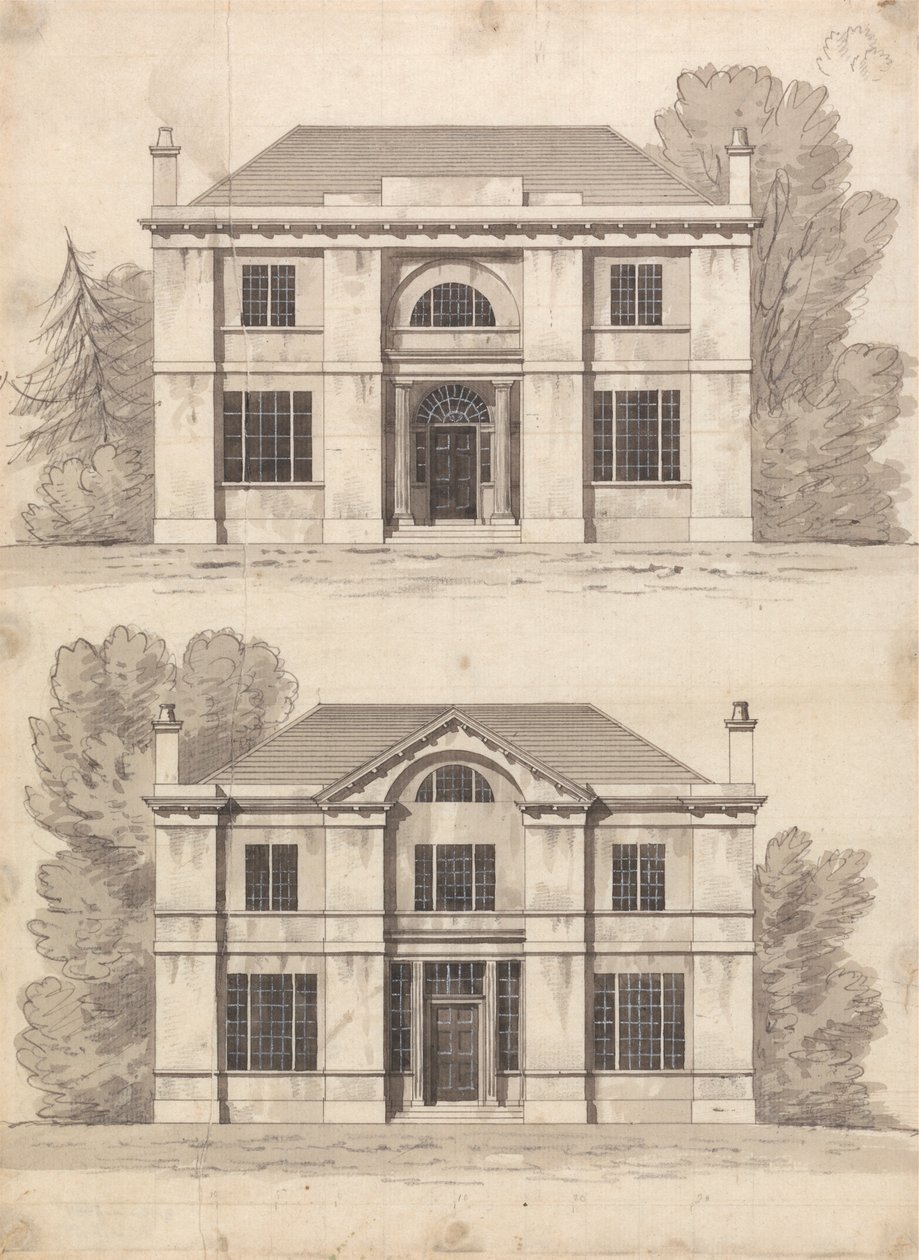 Forberedende tegning for design 5 og 6, plate 3 fra A Collection of Designs for Rural Retreats av James Malton