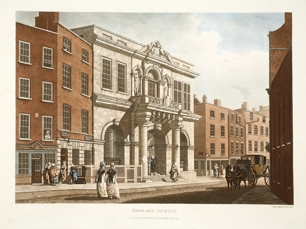 Tholsel, Dublin, 1798 (håndfarget gravering) av James Malton