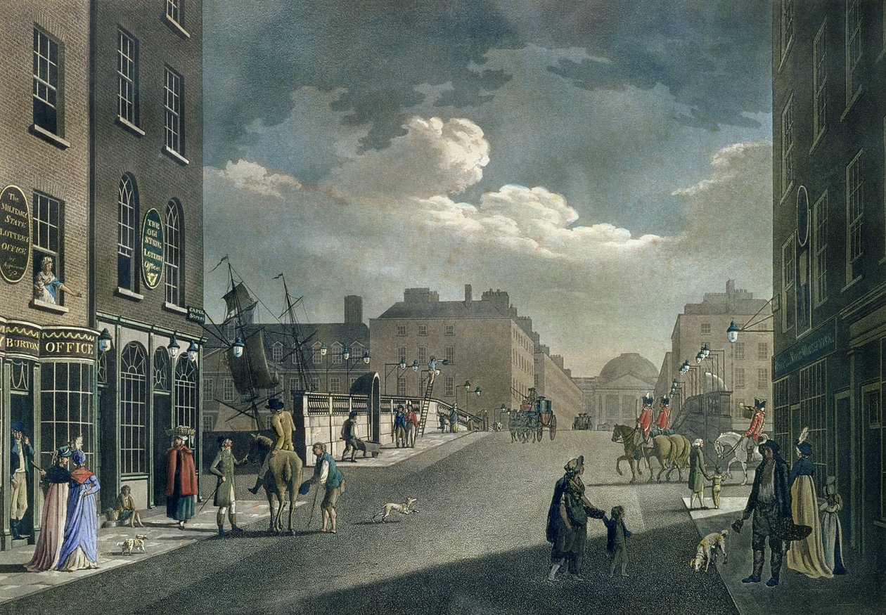 Utsikt fra Capel Street, med utsikt over Essex Bridge, Dublin, fra "Et sett med tjue utsikt over Dublin", 1797 av James Malton