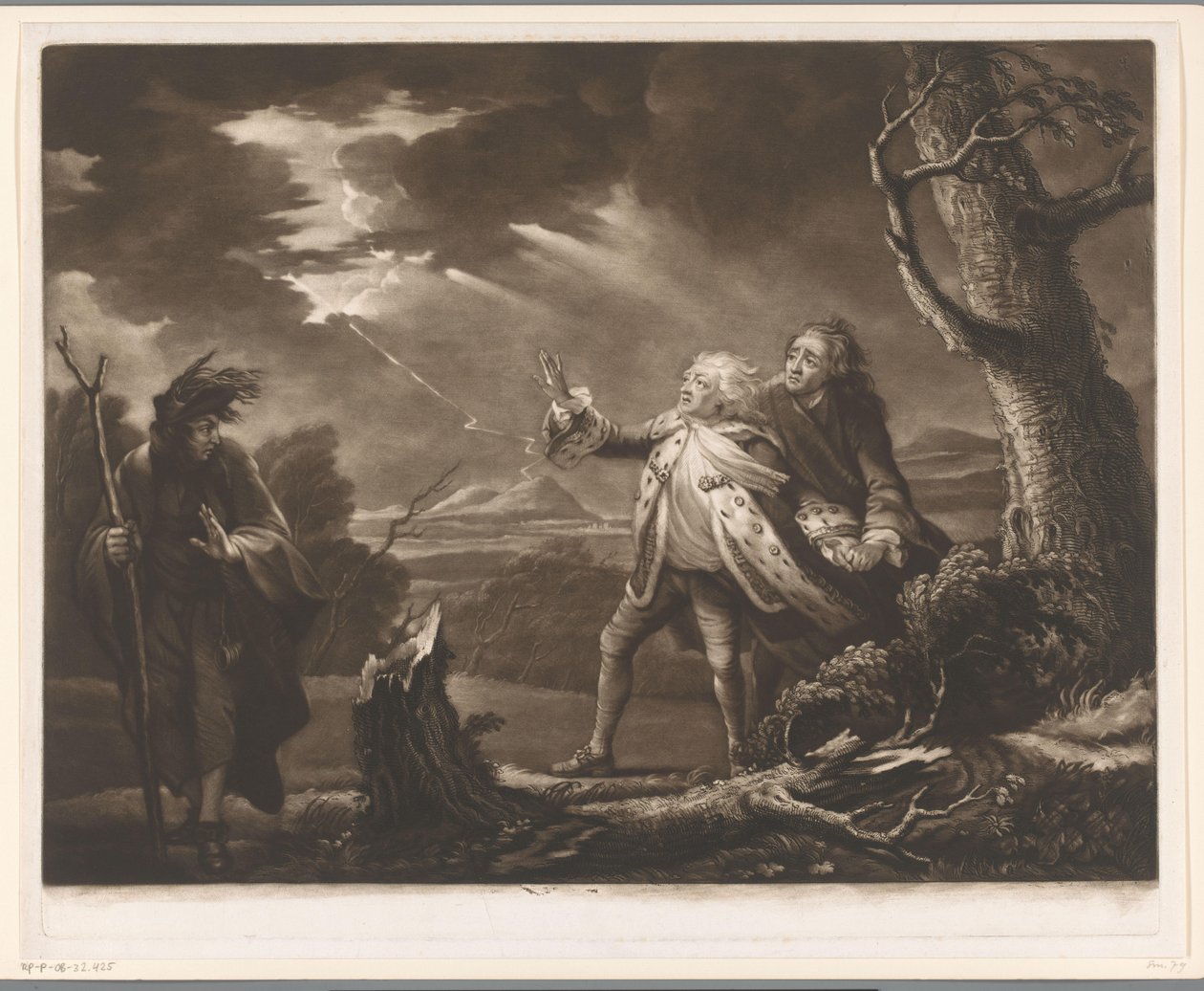David Garrick som kong Lear med jarlen av Kent og Edgar forkledd som Tom i et stormfullt landskap av James McArdell