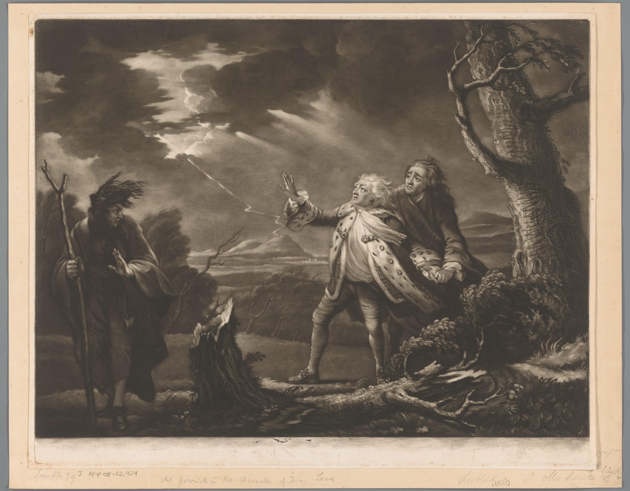 David Garrick som kong Lear med jarlen av Kent og Edgar forkledd som Tom i et stormfullt landskap av James McArdell