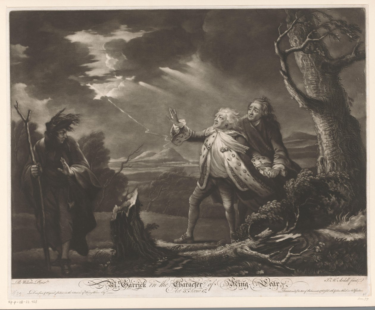 David Garrick som kong Lear med jarlen av Kent og Edgar forkledd som Tom i et stormfullt landskap MR. Garrick i Character of King Lear (tittel på objekt) av James McArdell