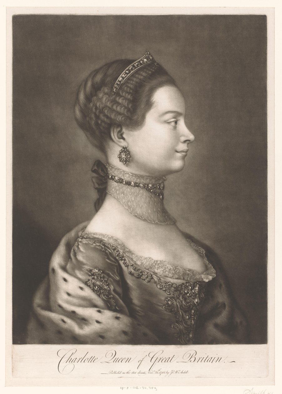 Portrett av Charlotte van Mecklenburg Charlotte Queen of Great Britain (tittel på objekt) av James McArdell