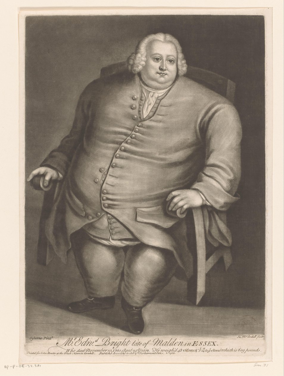 Portrett av Edward Bright Mr. Edwd. Bright sent av Malden i Essex (tittel på objekt) av James McArdell