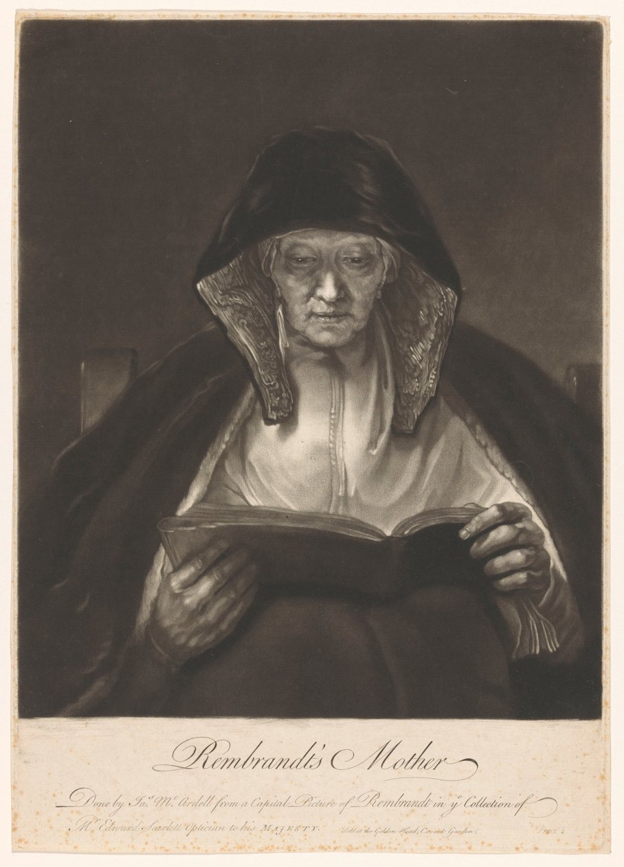 Portrett av en gammel kvinne som leser Rembrandts mor (tittel på objekt) av James McArdell