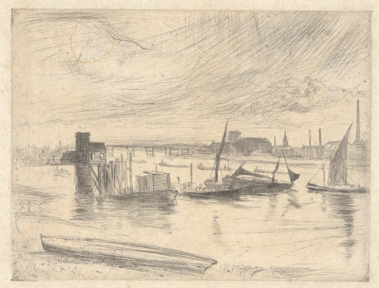 Battersea Dawn (Cadogan Pier), fra Thames Set (A Series of Sixteen Etchings of Scenes on Themsen and Other Subjects) av James Abbott McNeill Whistler