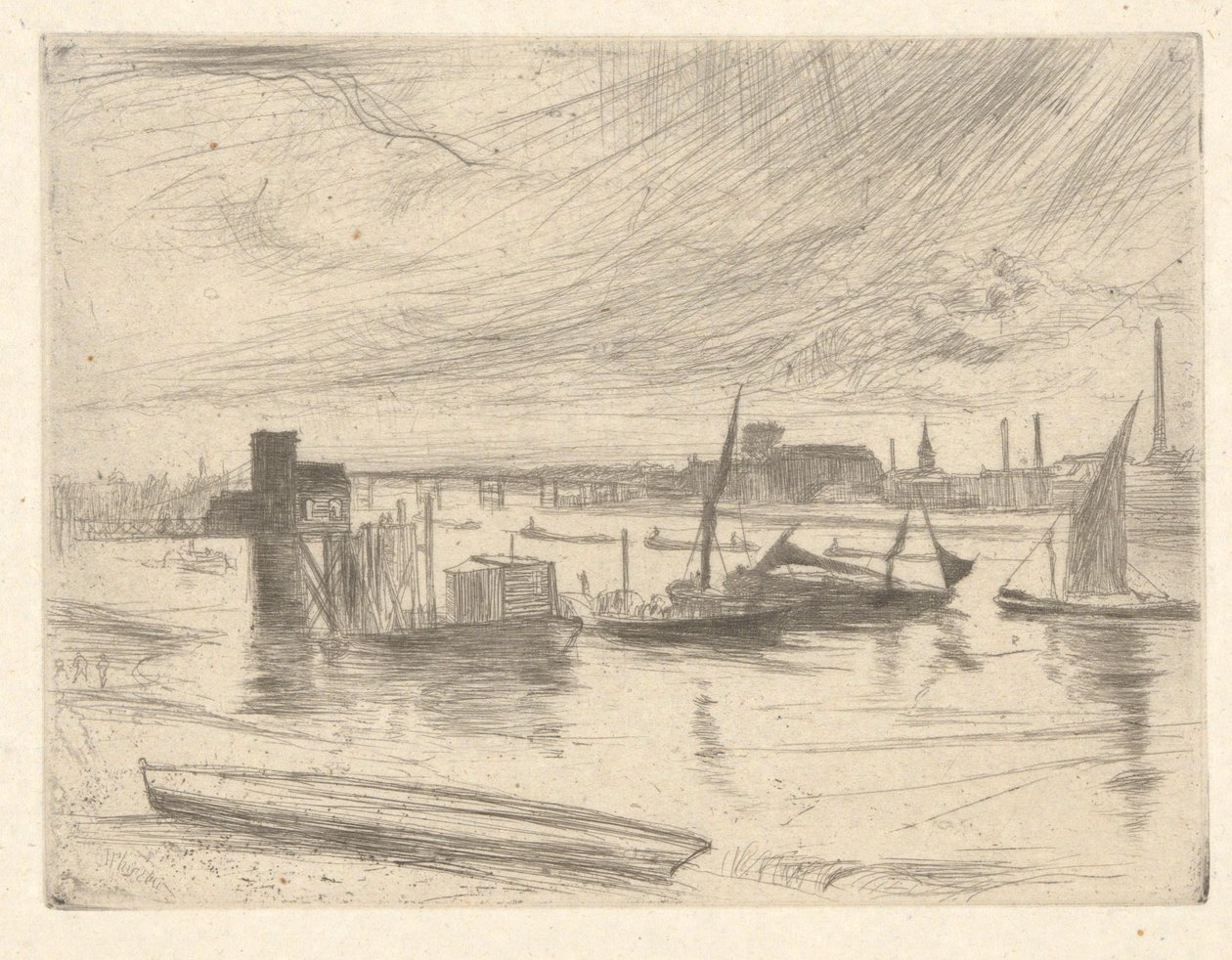 Battersea Dawn (Cadogan Pier), fra Thames Set (A Series of Sixteen Etchings of Scenes on Themsen and Other Subjects) av James Abbott McNeill Whistler