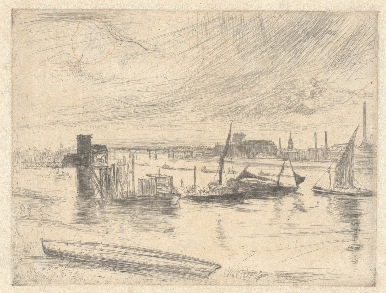 Gryning i Battersea (Cadogan Pier), fra Themsen-serien (en serie på seksten raderinger av scener ved Themsen og andre motiver) av James McNeill Whistler