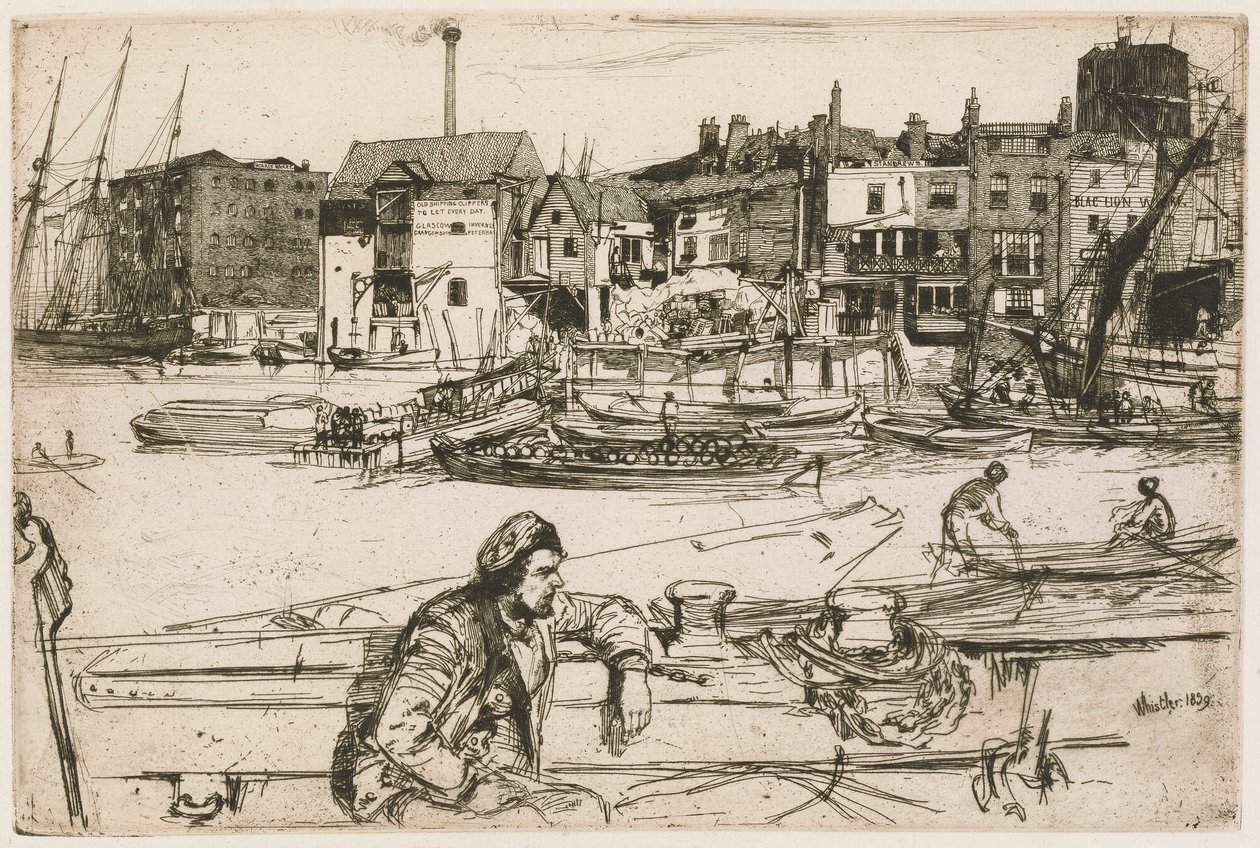 Black Lion Wharf, fra Thames-settet (en serie med seksten etsninger av scener på Themsen og andre emner) av James Abbott McNeill Whistler