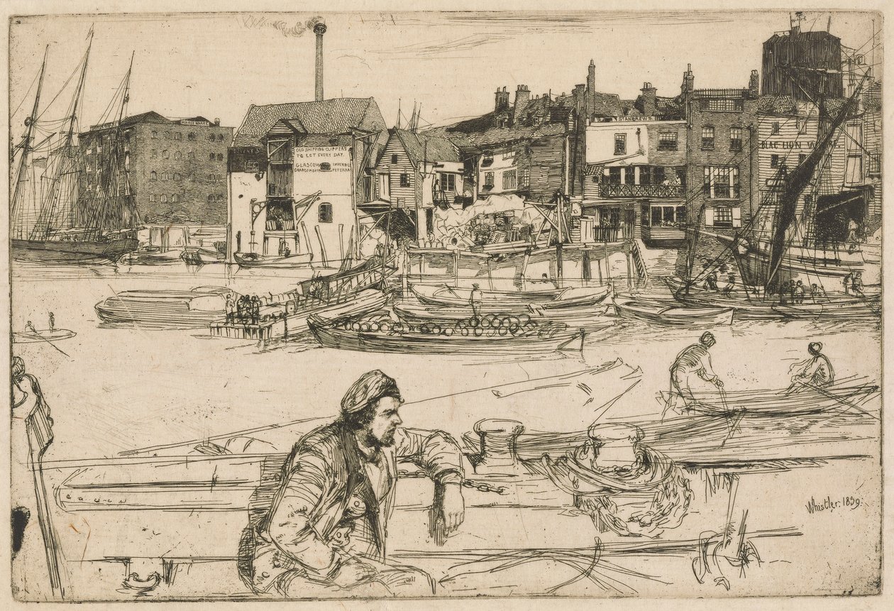 Black Lion Wharf, fra Thames Set (En serie med seksten etsninger av scener på Themsen og andre emner) av James Abbott McNeill Whistler
