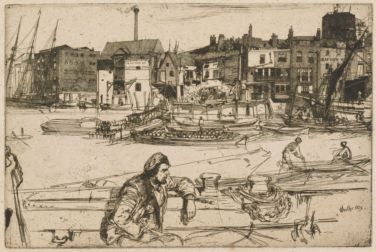 Black Lion Wharf, fra Thames-serien (En serie på seksten etsninger med scener fra Themsen og andre motiver) av James McNeill Whistler