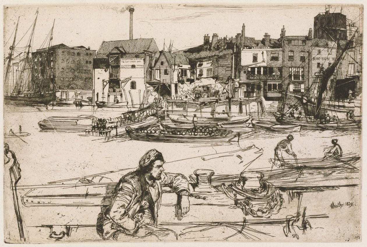 Black Lion Wharf, fra Thames-serien (en serie på seksten etsninger med scener fra Themsen og andre motiver) av James McNeill Whistler