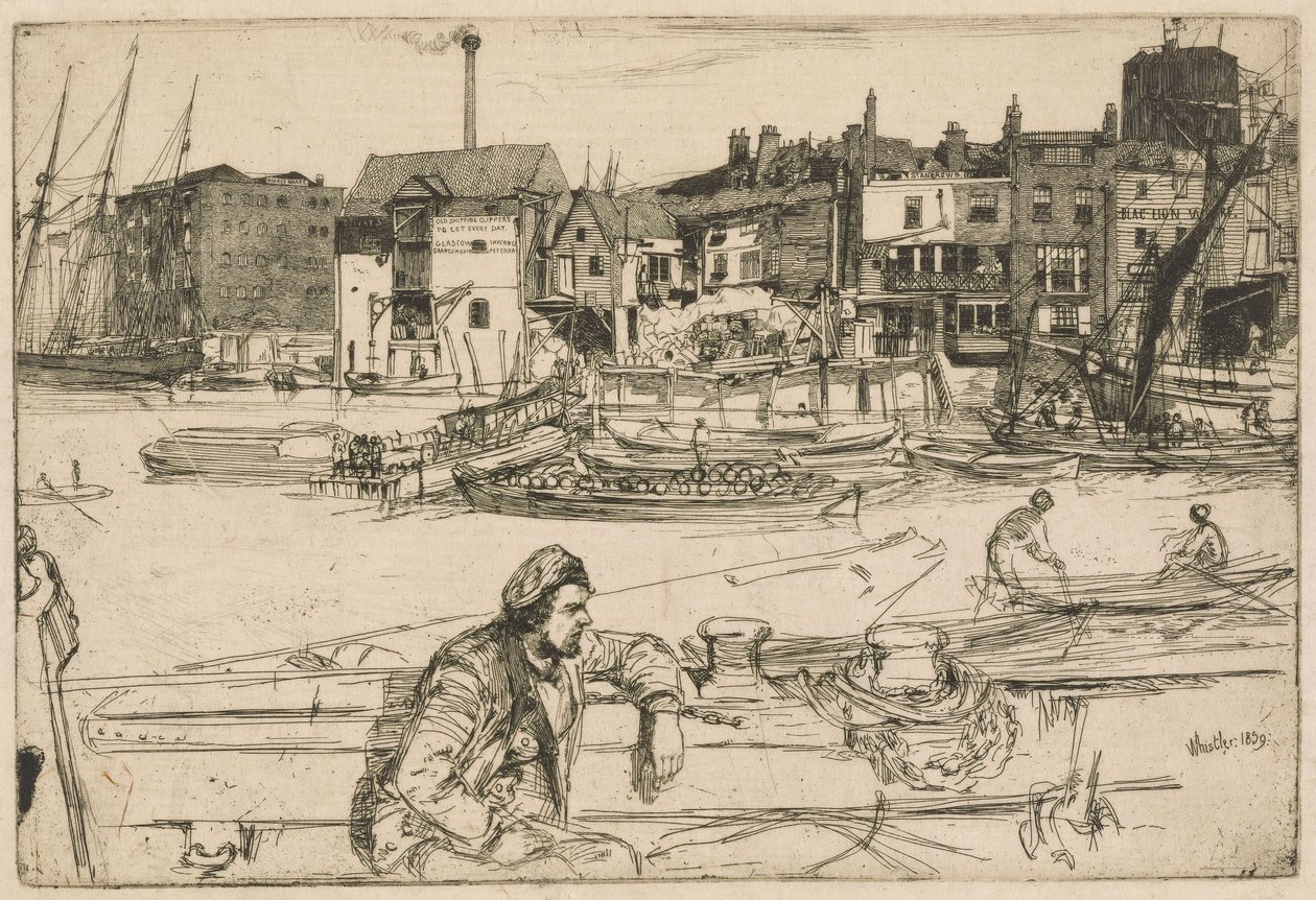Black Lion Wharf, fra Themsen-serien (En serie på seksten etsninger med scener fra Themsen og andre motiver) av James McNeill Whistler