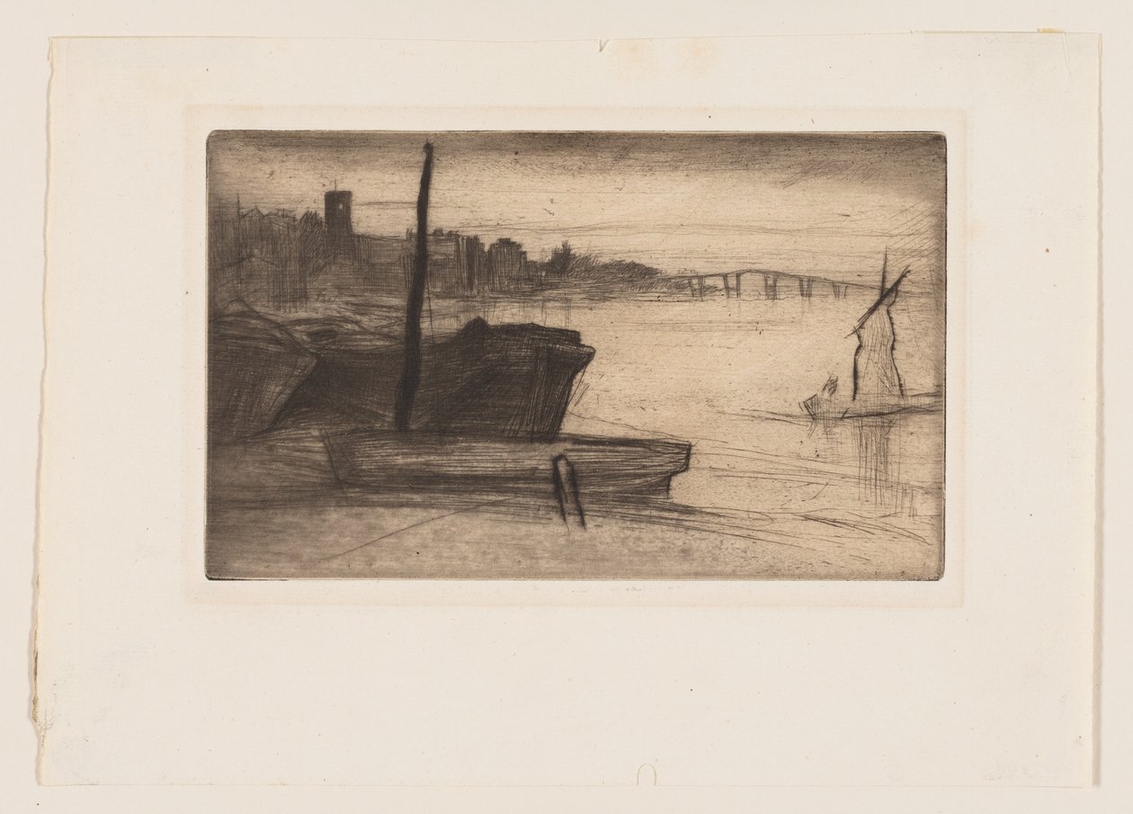 Chelsea Bridge og kirke av James Abbott McNeill Whistler