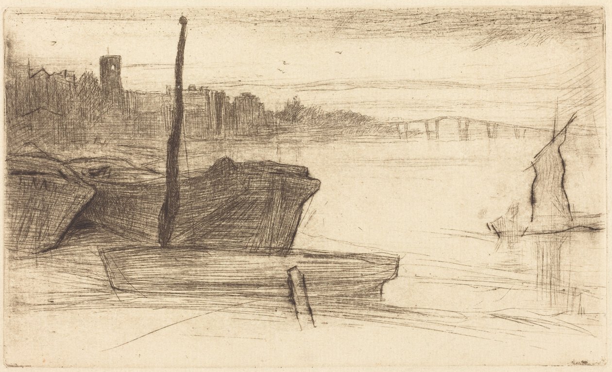 Chelsea Bridge og kirke av James McNeill Whistler