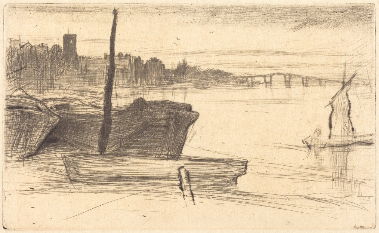 Chelsea Bridge og kirke av James McNeill Whistler