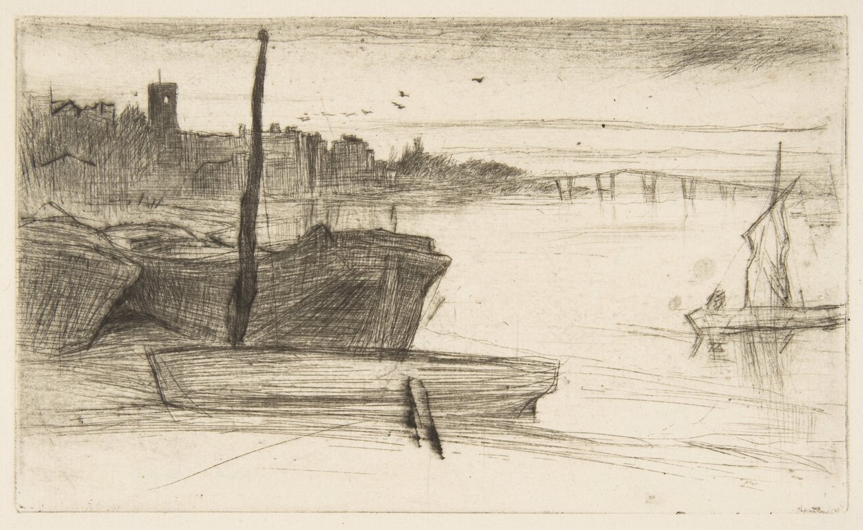 Chelsea Bridge og kirken av James McNeill Whistler