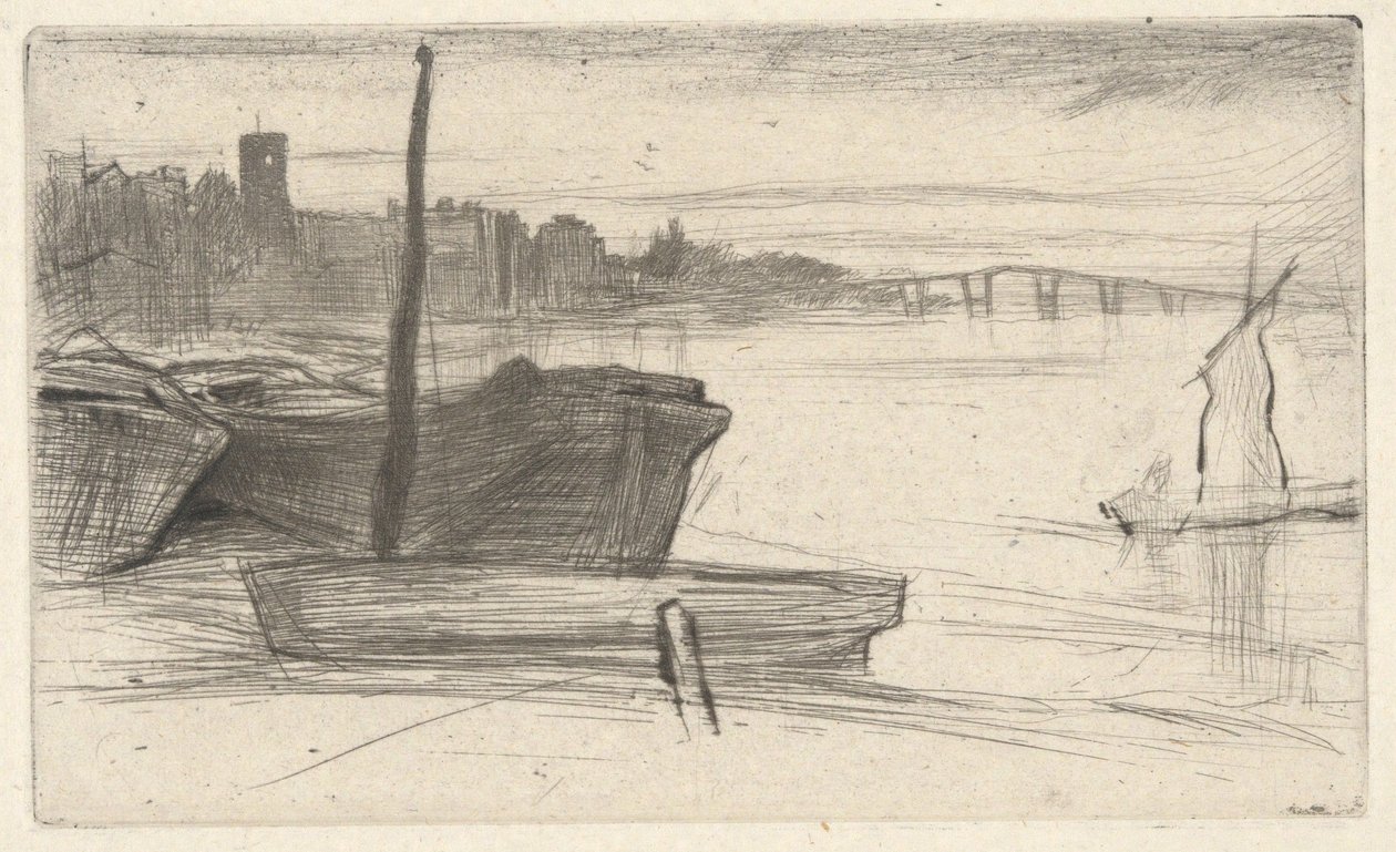 Chelsea Bridge og kirke, fra Themsen-serien (En serie på seksten etsninger med scener ved Themsen og andre motiver) av James McNeill Whistler