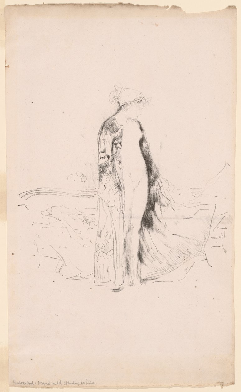 Drapert modell, stående ved en sofa av James Abbott McNeill Whistler