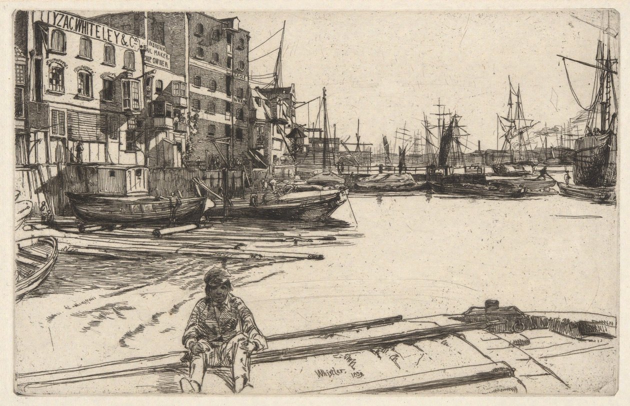 Eagle Wharf (Tyzac, Whiteley & Co.), fra Themsen-serien (En serie på seksten etsninger med scener fra Themsen og andre motiver) av James McNeill Whistler