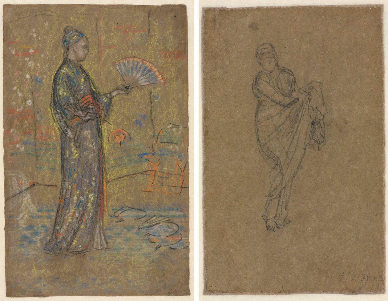 Japansk kvinne som maler en vifte (recto); stående kvinne som løfter kjolen sin (verso) av James McNeill Whistler
