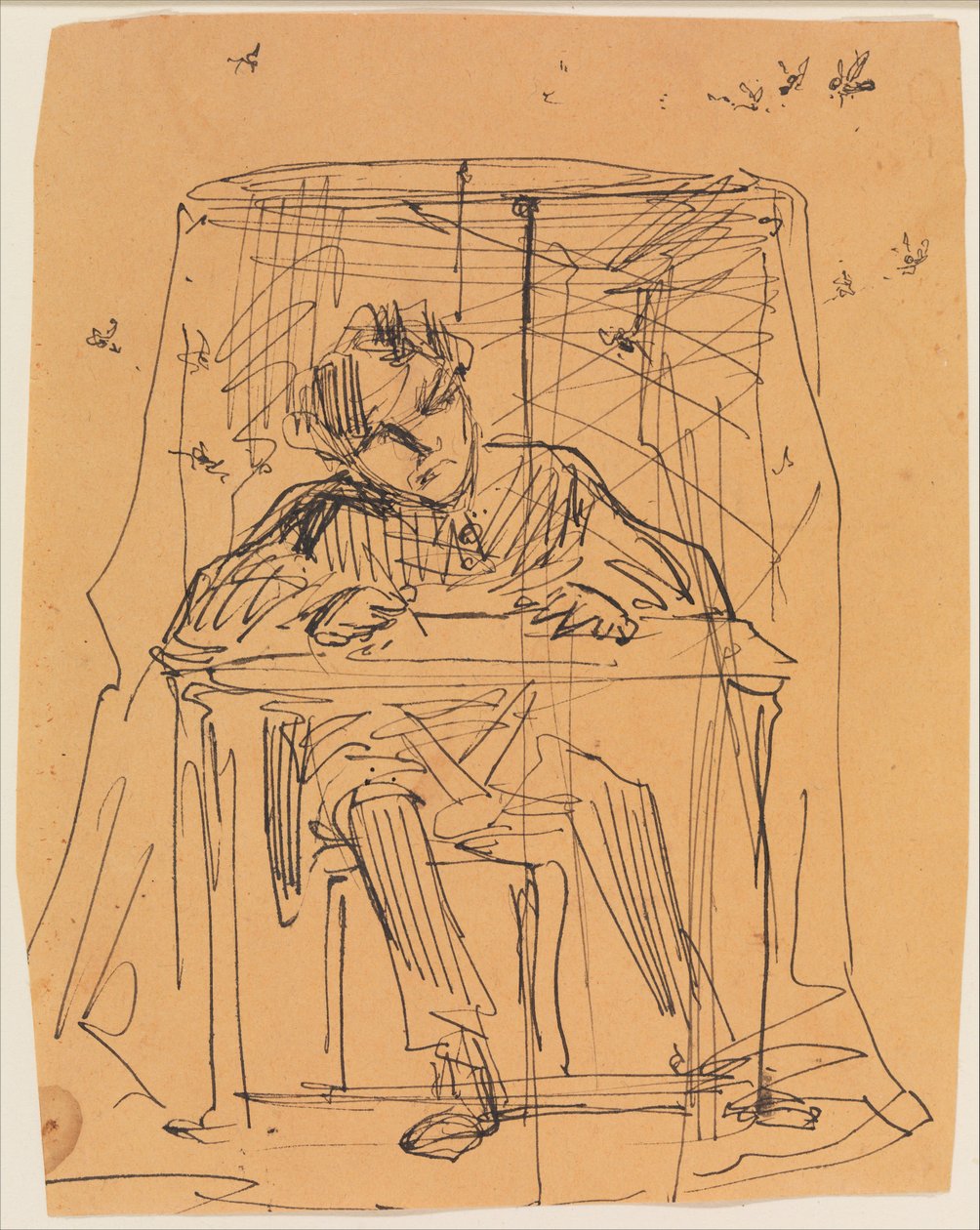 Mann am Tisch unter einem Moskitonetz (aus Skizzenbuch) av James McNeill Whistler