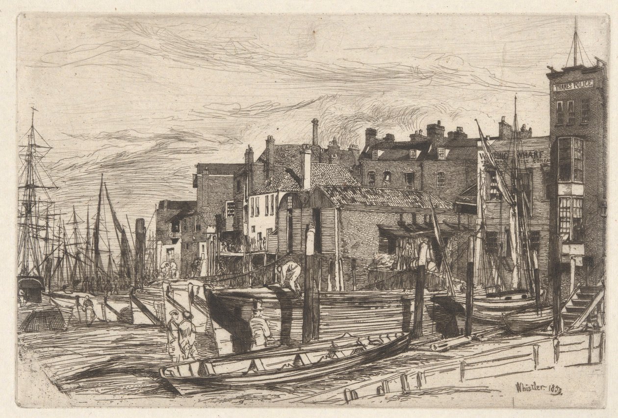 Thames Police (Wapping Wharf), fra Thames Set (En serie med seksten etsninger av scener på Themsen og andre emner) av James Abbott McNeill Whistler