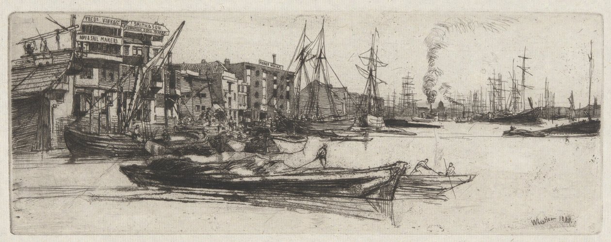 Thames Warehouse, fra Thames Set (En serie med seksten etsninger av scener på Themsen og andre emner) av James Abbott McNeill Whistler