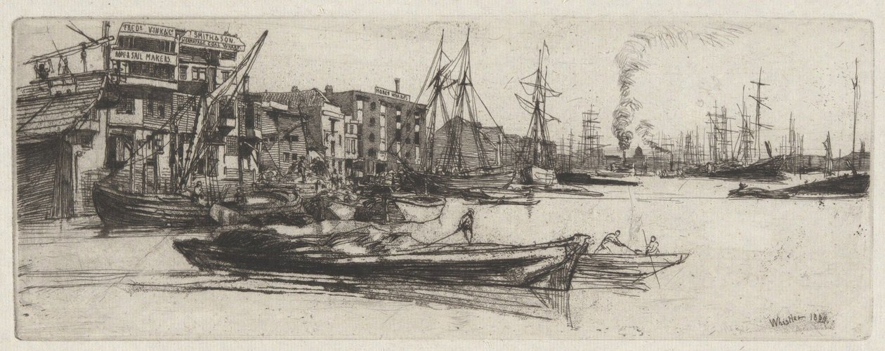 Lagerbygning ved Themsen, fra Themsen-serien (En serie på seksten etsninger med scener fra Themsen og andre motiver) av James McNeill Whistler