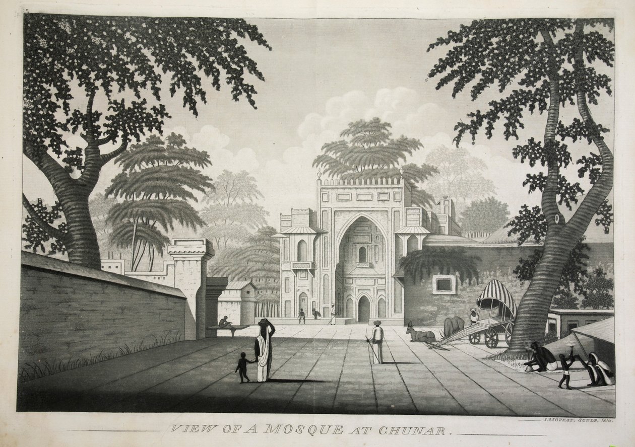 Utsikt over en moske ved Chunar, pub. 1810 gravering. av James Moffat