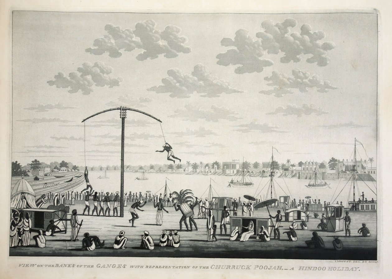 Utsikt over bredden av Ganges med representasjon av Churruck Poojah …, pub. 1810 gravering. av James Moffat