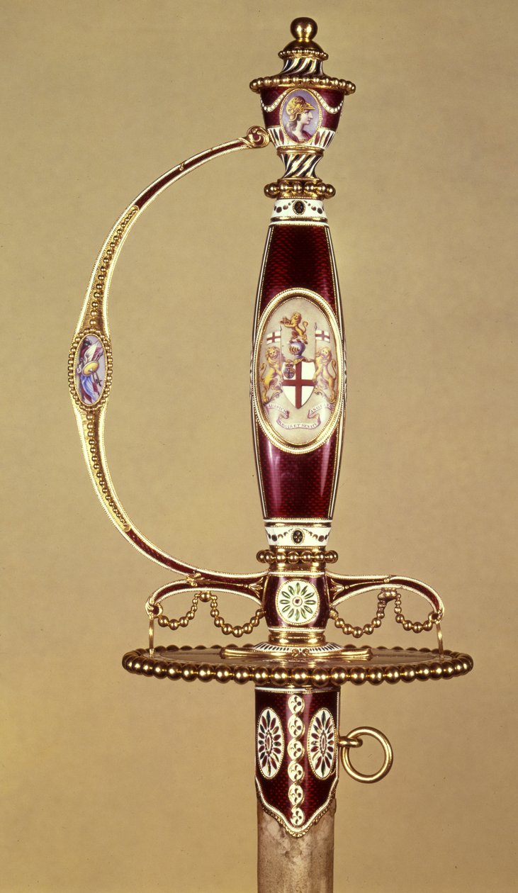 Hilt av et sverd presentert til oberst James Hartley (1745-99) av East India Company, satt av James Morisset (ca. 1766-c. 1800) ca. 1780 (gull og emalje) av James Morisset